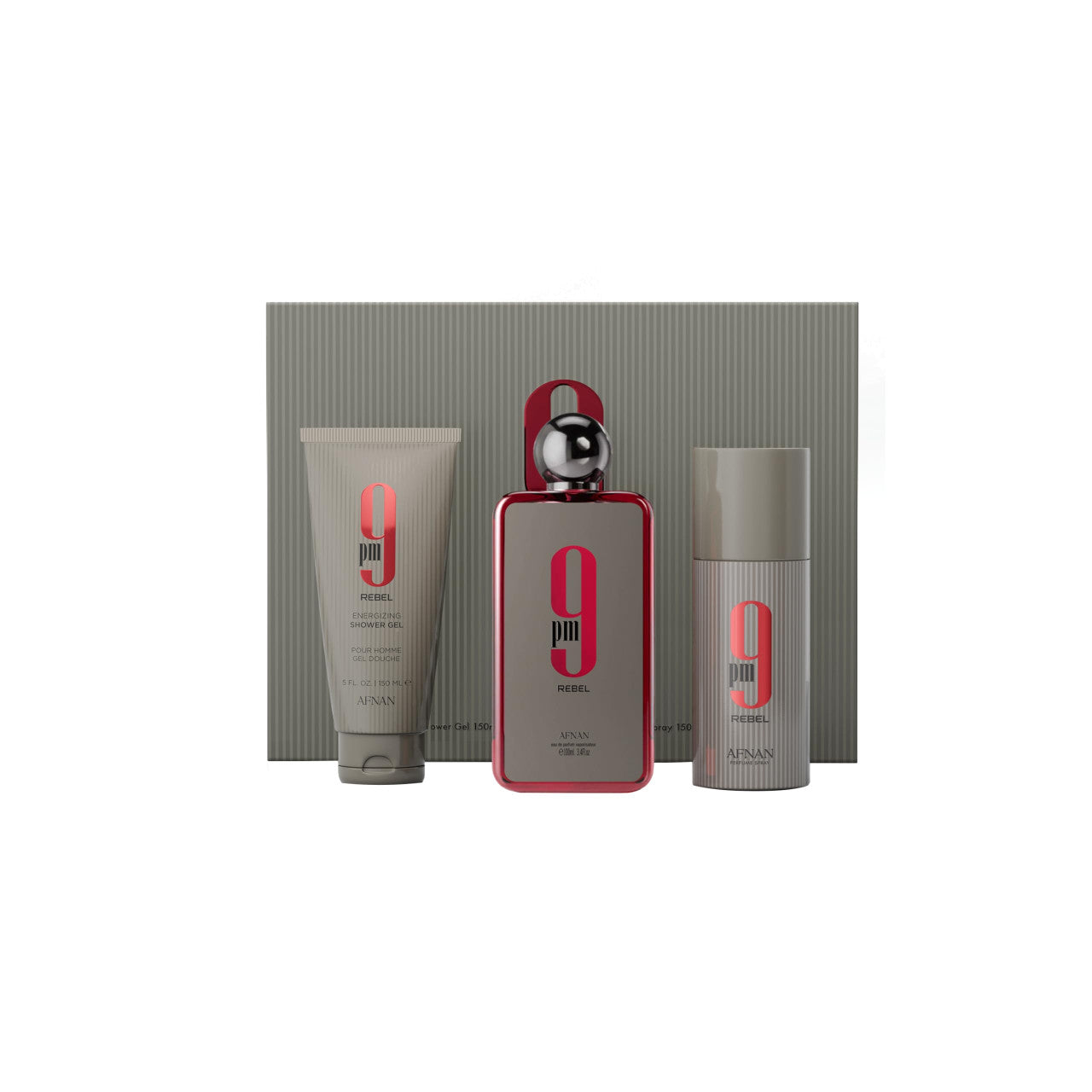 AFNAN 9 PM REBEL 3 PCS SET FOR MEN: 3.4 EAU DE PARFUM SPRAY + 5 OZ SHOWER GEL + 5 OZ PERFUME SPRAY