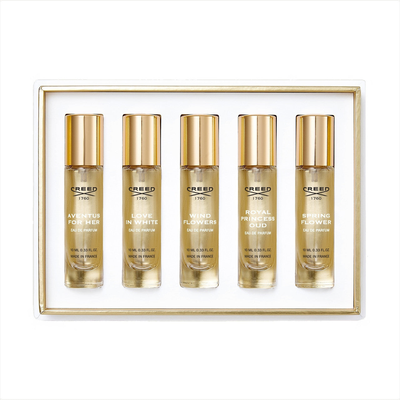 CREED 5 × 0.33 EAU DE PARFUM SPRAY SET FOR WOMEN: AVENTUS FOR HER + LOVE IN WHITE + WIND FLOWERS + ROYAL PRINCESS OUD + SPRING FLOWER