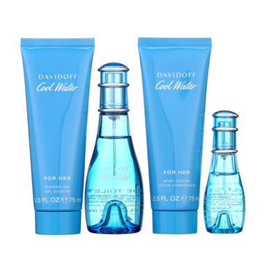 COOL WATER 4 PCS SET FOR WOMEN: 1.6 EAU DE TOILETTE SPRAY + 0.5 EAU DE TOILETTE SPRAY + 2.5 SHOWER GEL + 2.5 BODY LOTION by DAVIDOFF