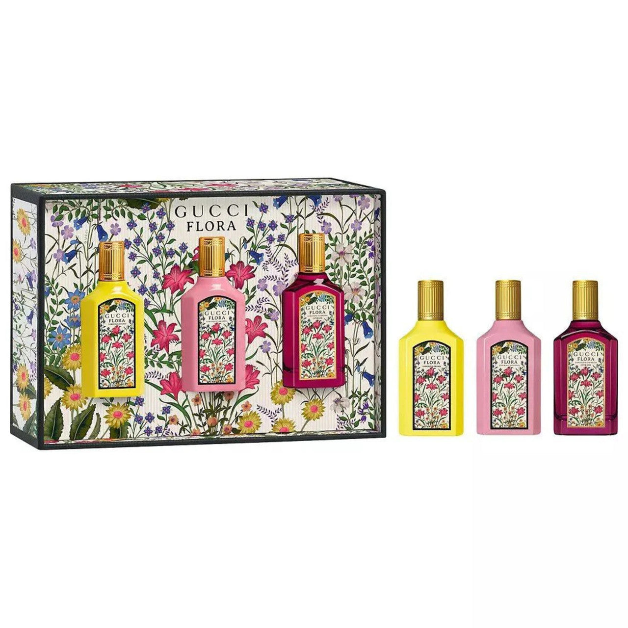 GUCCI FLORA 3 * 5 ML EAU DE PARFUM MINI SET FOR WOMEN: GORGEOUS GARDENIA + GORGEOUS ORCHID + GORGEOUS GARDENIA INTENSE