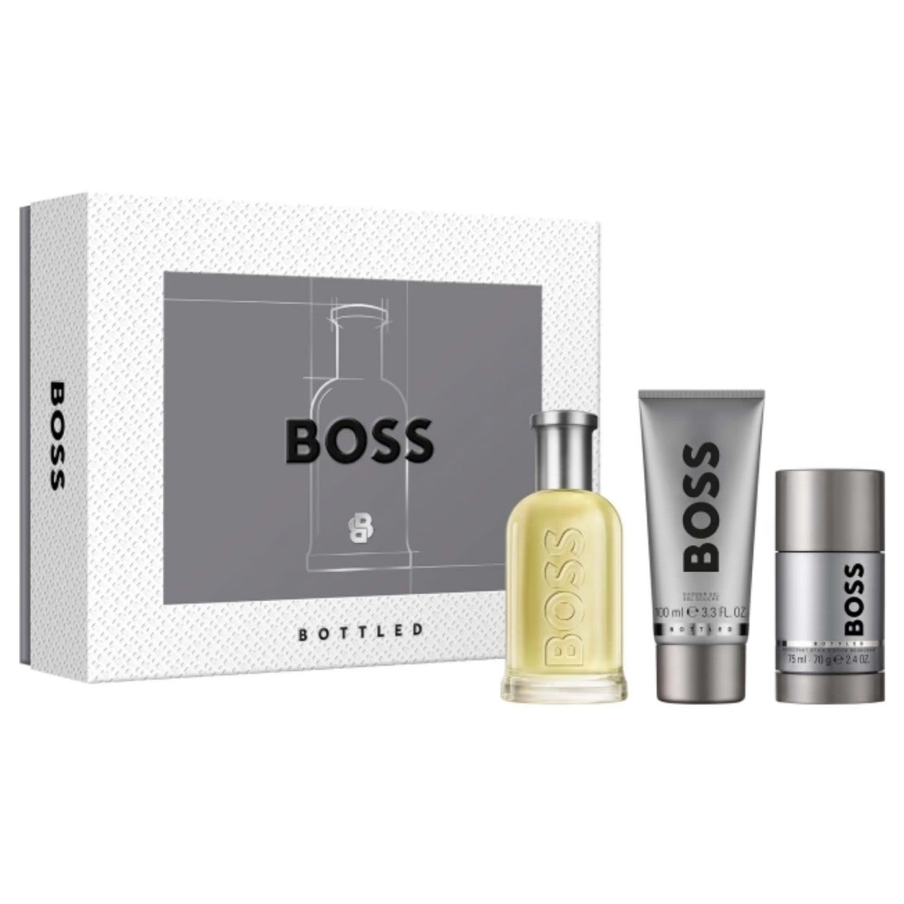 HUGO BOSS BOTTLED 3 PCS SET FOR MEN: 3.3 EAU DE TOILETTE SPRAY + 3.3 SHOWER GEL + 2.4 DEODORANT STICK