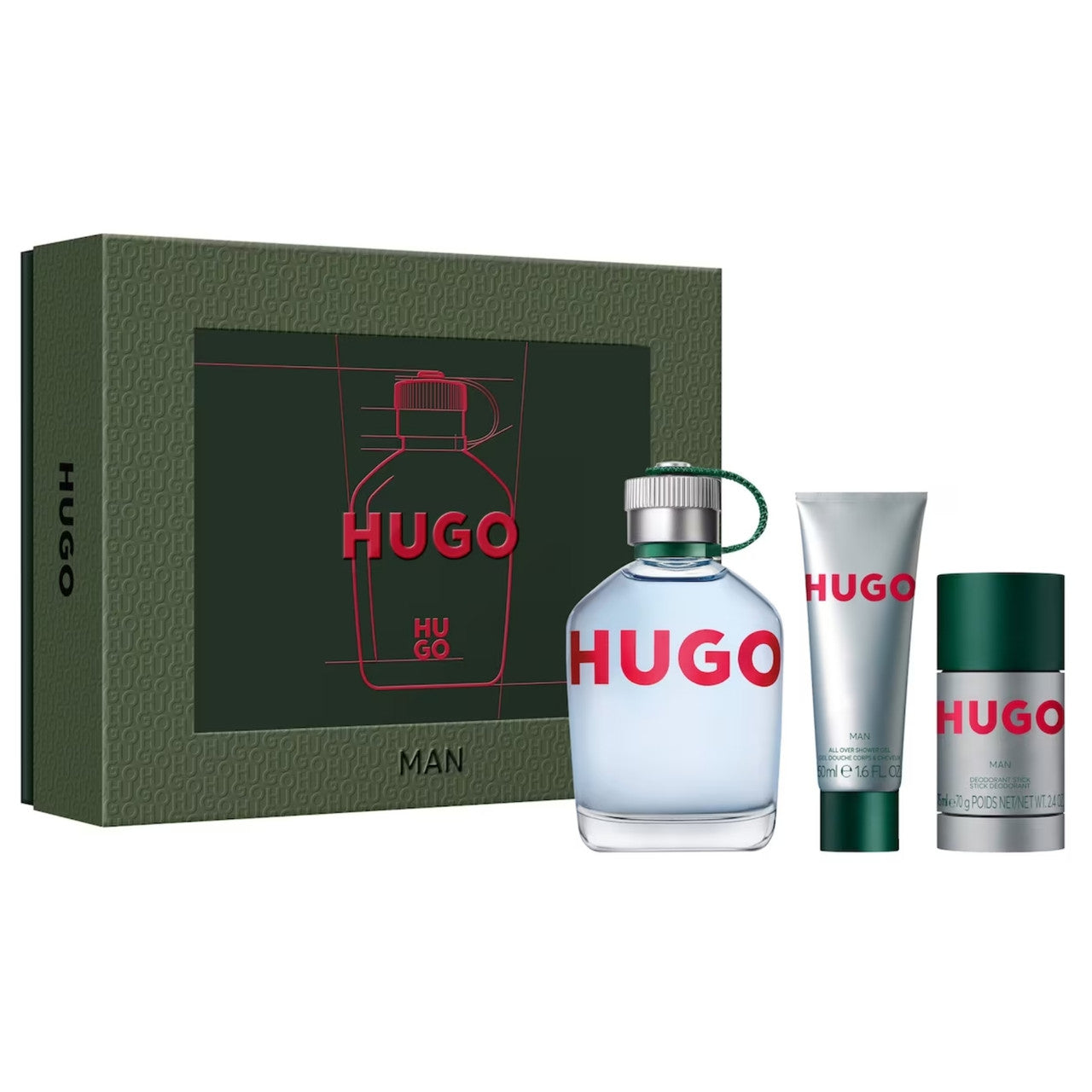 HUGO BOSS GREEN 3 PCS SET FOR MEN: 4.2 EAU DE TOILETTE SPRAY + 2.4 DEODORANT STICK + 1.6 SHOWER GEL