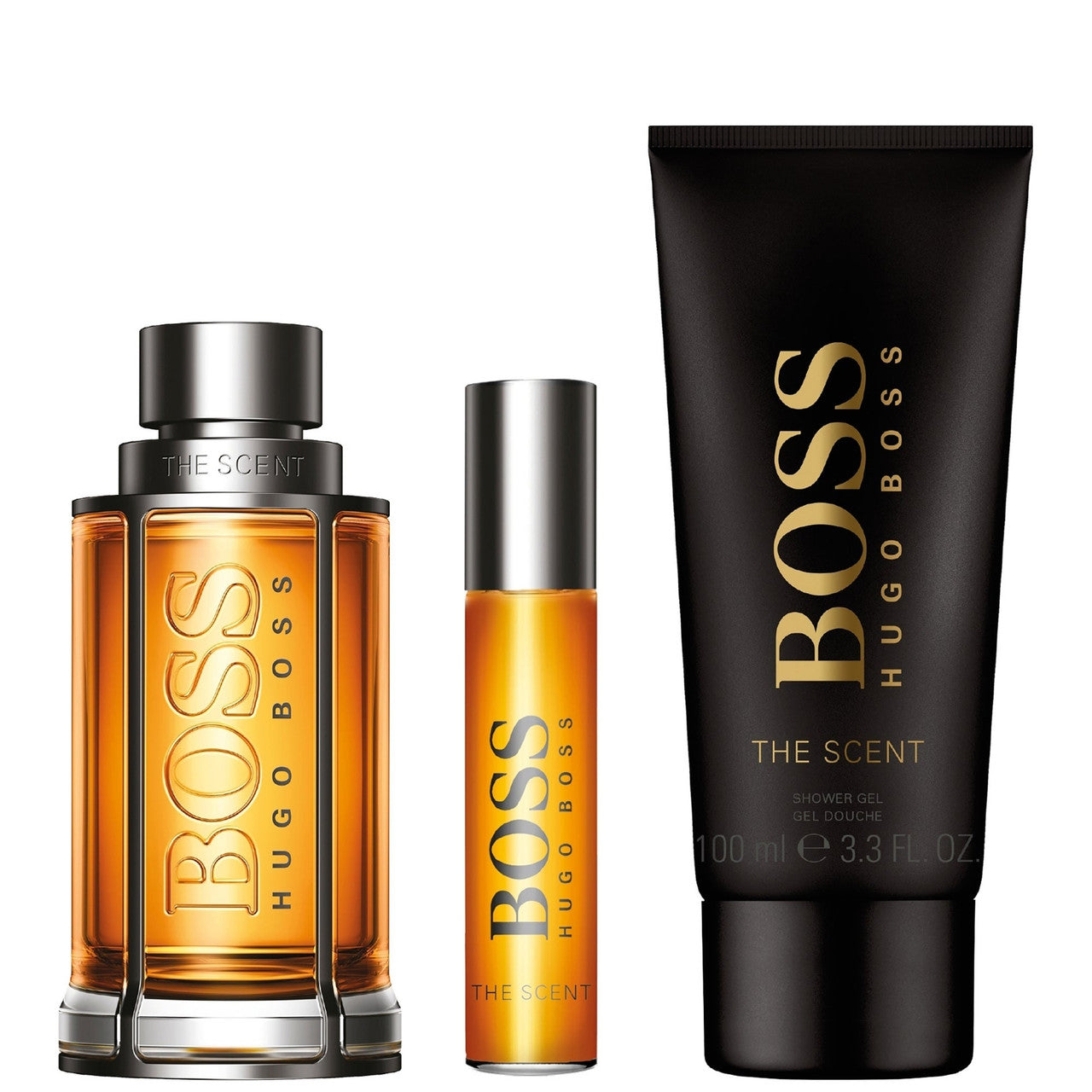 HUGO BOSS THE SCENT 3 PCS SET FOR MEN: 3.3 EAU DE TOILETTE SPRAY + 0.33 EAU DE TOILETTE SPRAY + 3.3 SHOWER GEL