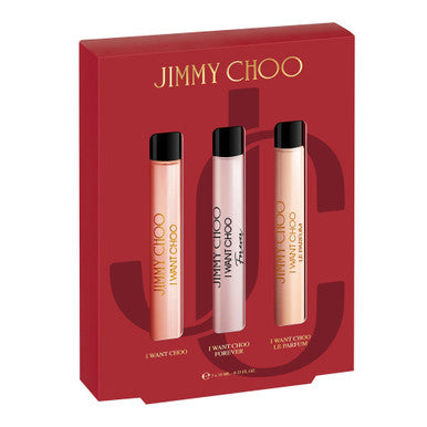 JIMMY CHOO 3 PCS MINI SET FOR WOMEN: I WANT CHOO 0.33 OZ EAU DE PARFUM SPRAY + I WANT CHOO FOREVER 0.33 OZ EAU DE PARFUM SPRAY + I WANT CHOO LE PARFUM 0.33 OZ PARFUM SPRAY by JIMMY CHOO