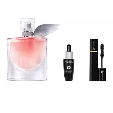 LANCOME LA VIE EST BELLE 3 PCS SET FOR WOMEN: 1.7 EAU DE PARFUM REFILLABLE SPRAY + 0.33 OZ ADVANCED GENIFIQUE + 2 ML HYPNOSE - 01 NOIR HYPNOTIC MASCARA VOLUME by LANCOME