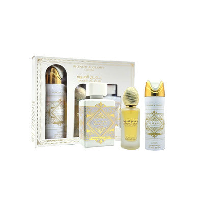 LATTAFA BADE'E AL OUD HONOR & GLORY 3 PCS SET: 3.4 EAU DE PARFUM SPRAY + 1.7 HAIR MIST + 6.7 PERFUMED BODY SPRAY by LATTAFA