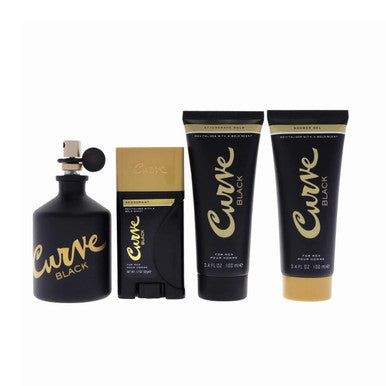 CURVE BLACK 4 PCS SET FOR MEN: 4.2 COLOGNE SPRAY + 1.7 DEODORANT STICK + 3.4 SHOWER GEL + 3.4 AFTERSHAVE BALM by CURVE