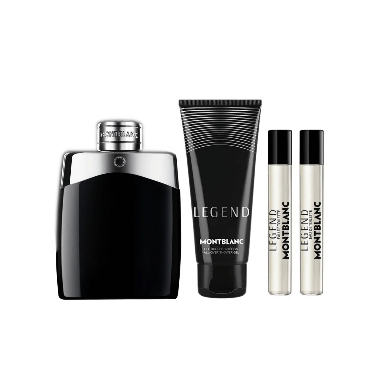 MONT BLANC LEGEND 4 PCS SET FOR MEN: 3.3 EAU DE TOILETTE SPRAY + 2 * 0.25 EAU DE TOILETTE SPRAY + 3.3 ALL OVER SHOWER GEL