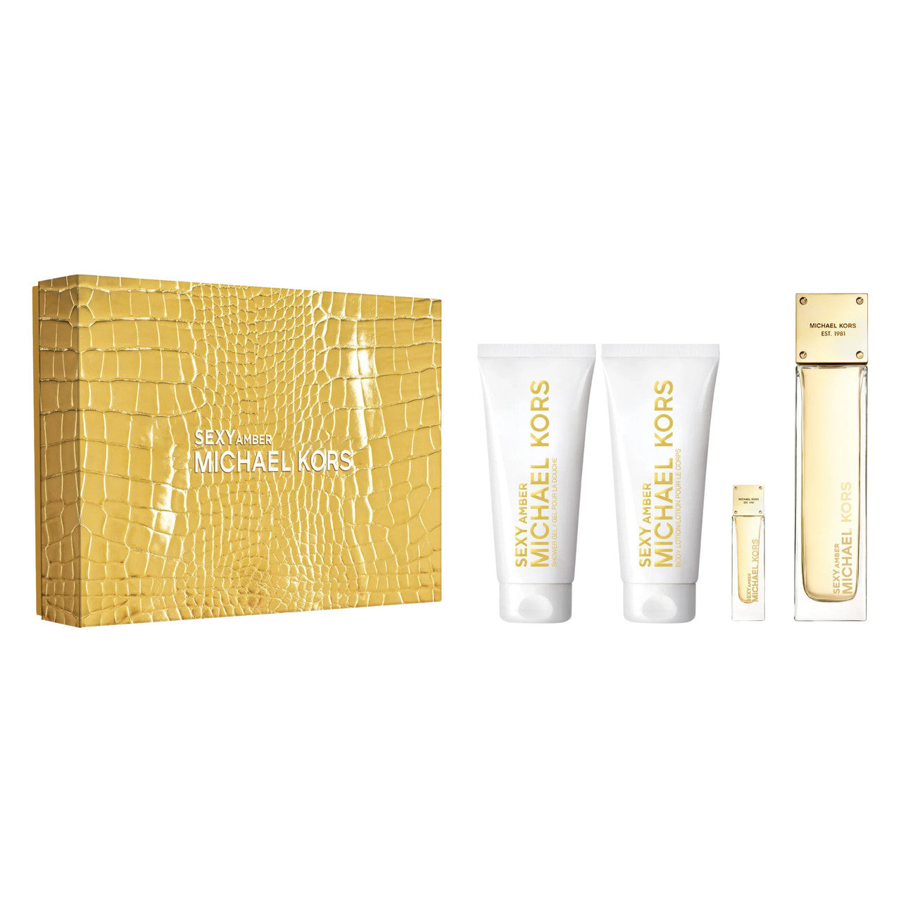MICHAEL KORS SEXY AMBER 4 PCS SET FOR WOMEN: 3.4 EAU DE PARFUM SPRAY + 3.4 SHOWER GEL + 3.4 BODY LOTION + 0.17 EAU DE PARFUM