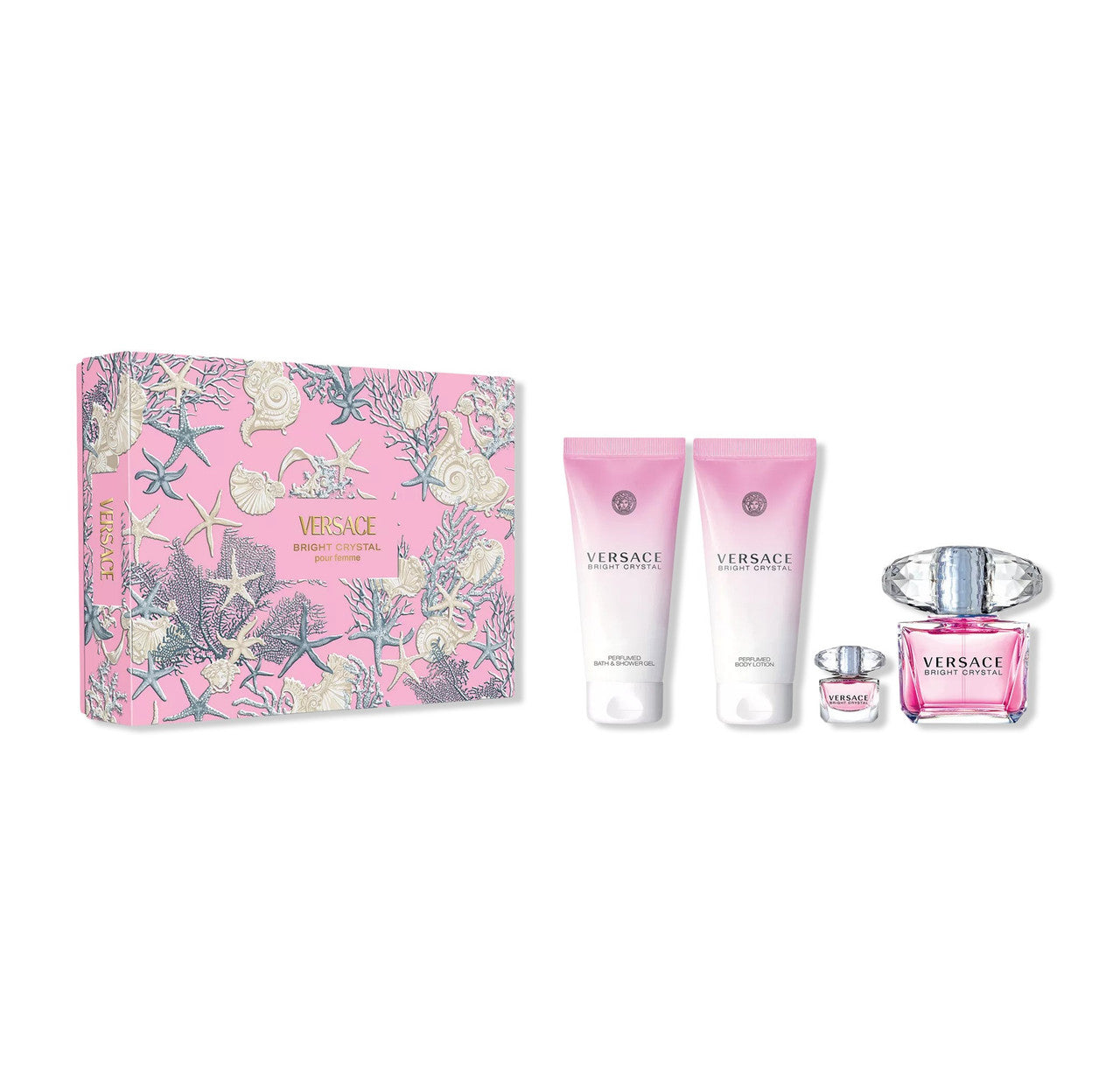 Versace Bright Crystal 4 Pcs Set for Women: 3 oz EDT + 5 ml Mini + Body Lotion + Shower Gel