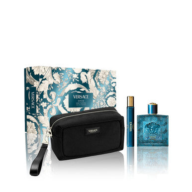 VERSACE EROS 3 PCS SET FOR MEN: 3.4 EAU DE TOILETTE SPRAY + 0.3 EAU DE TOILETTE SPRAY + POUCH by VERSACE