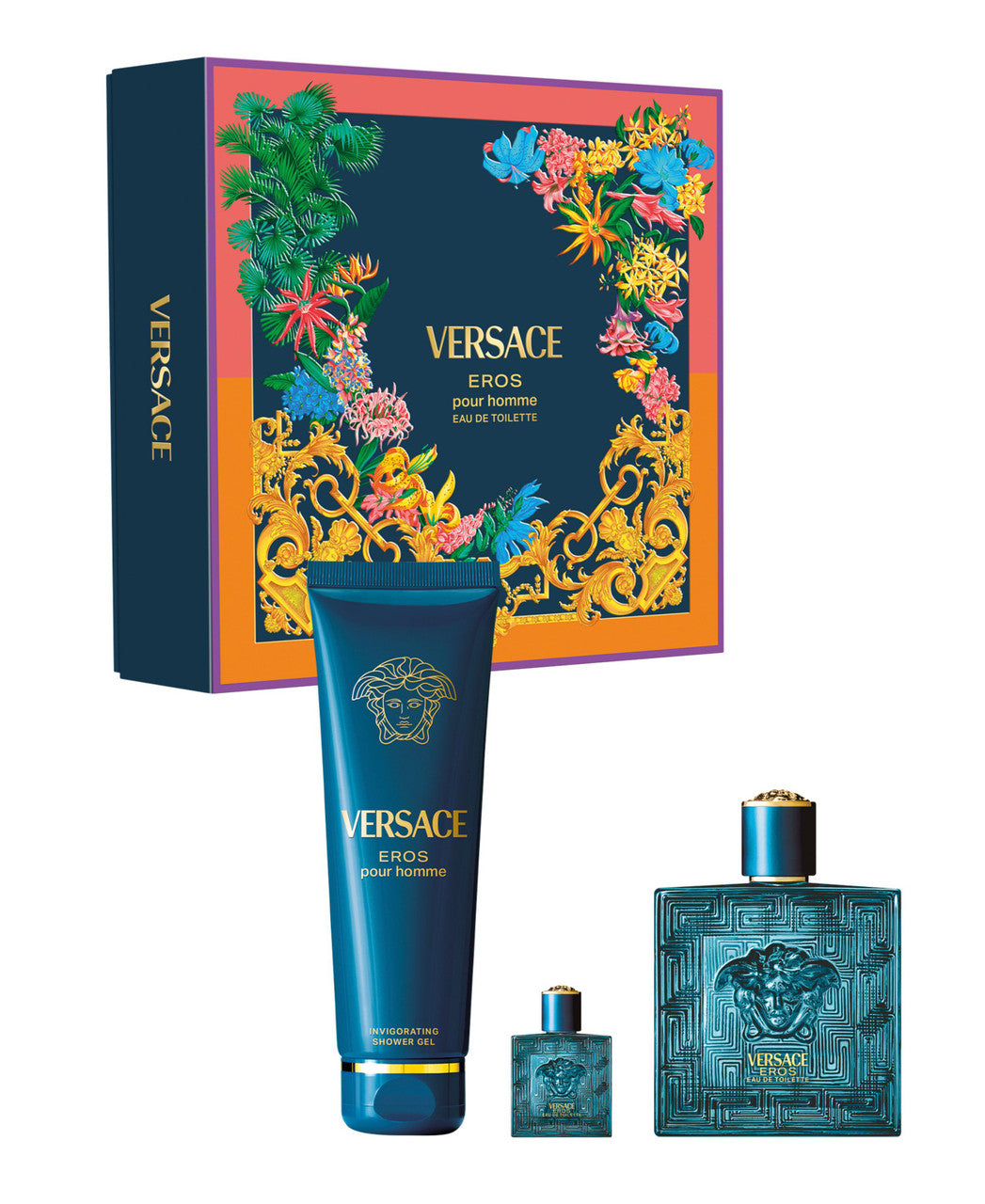 VERSACE EROS 3 PCS SET FOR MEN: 3.4 EAU DE TOILETTE SPRAY + 5 ML EAU DE TOILETTE MINI + 5 OZ SHOWER GEL