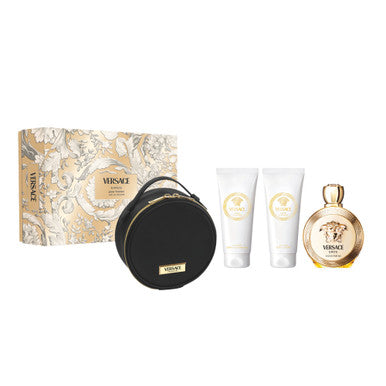 VERSACE EROS 4 PCS SET FOR WOMEN: 3.4 EAU DE PARFUM SPRAY + 3.4 BODY LOTION + 3.4 BATH & SHOWER GEL + ROUND MAKE UP CASE by VERSACE