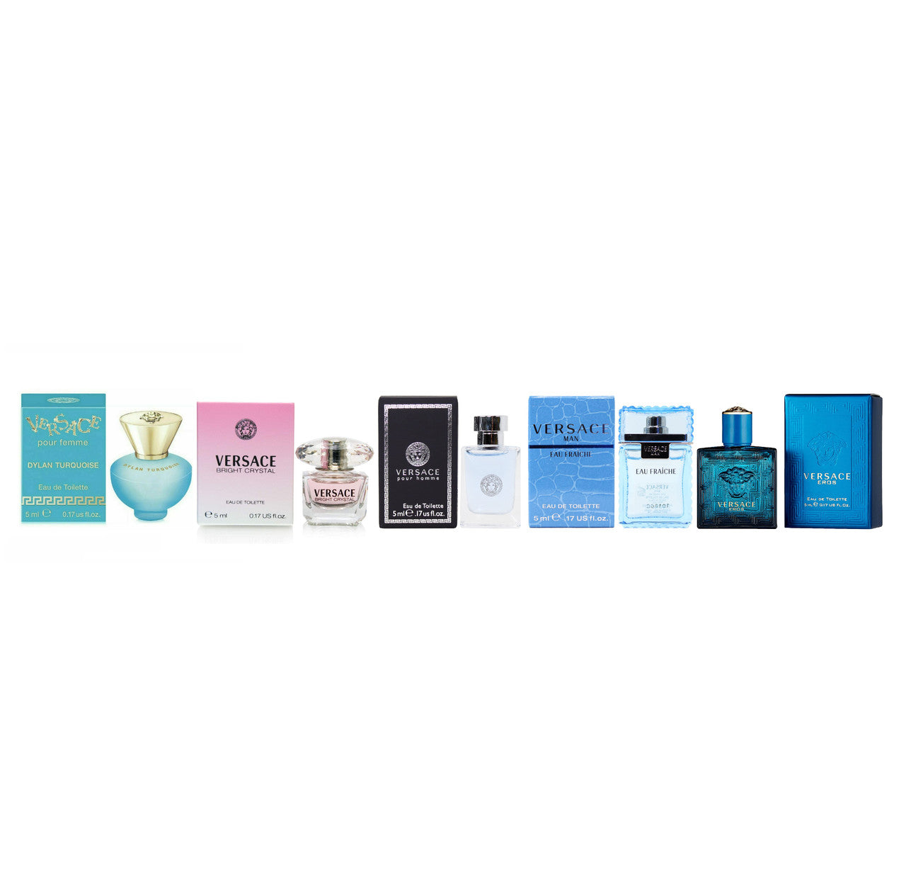 Versace 5 Pcs Mini Set: Eros + Pour Homme + Eau Fraiche + Bright Crystal + Dylan Turquoise 0.17 oz EDT